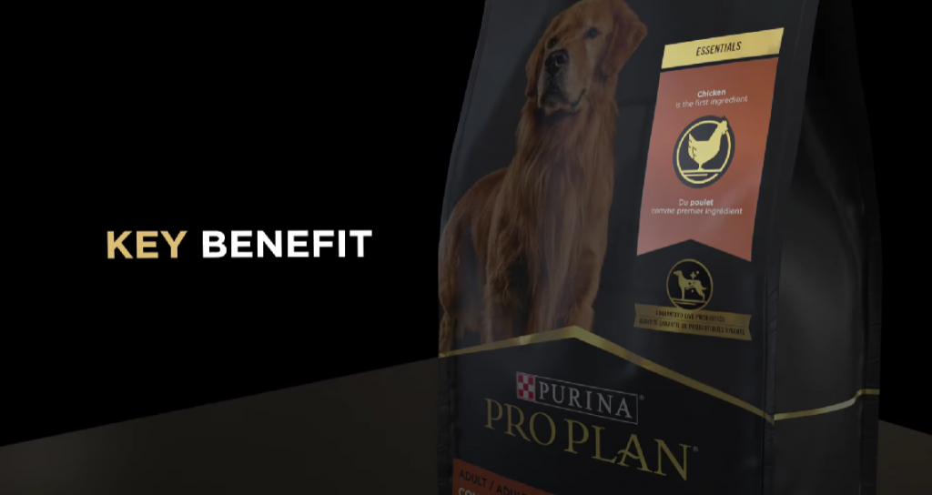 Illustration of a purine pro plan dog food bag on black background showing its benefits.